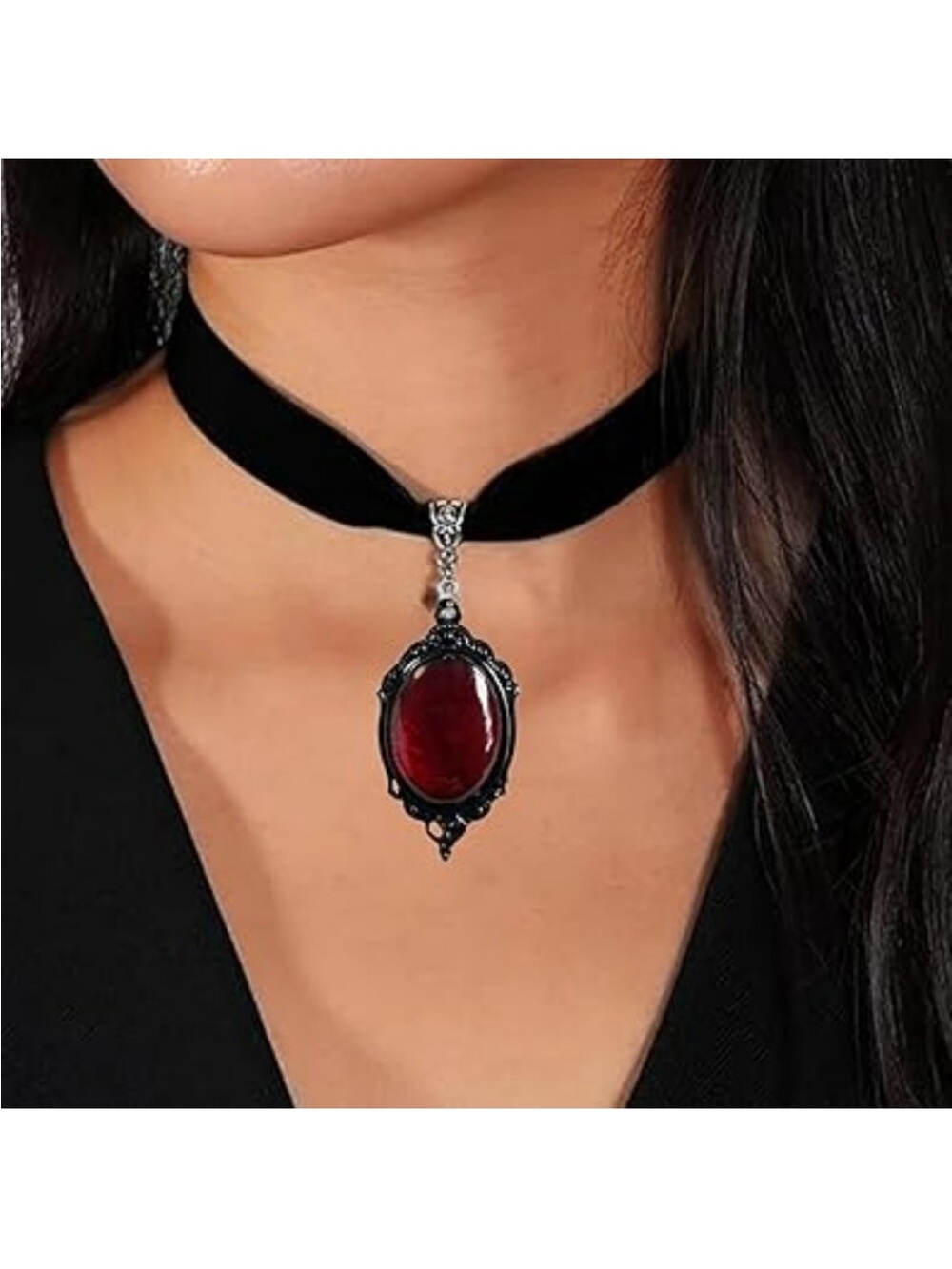 Black Velvet Choker with Red Stone Goth Punk Style Necklace